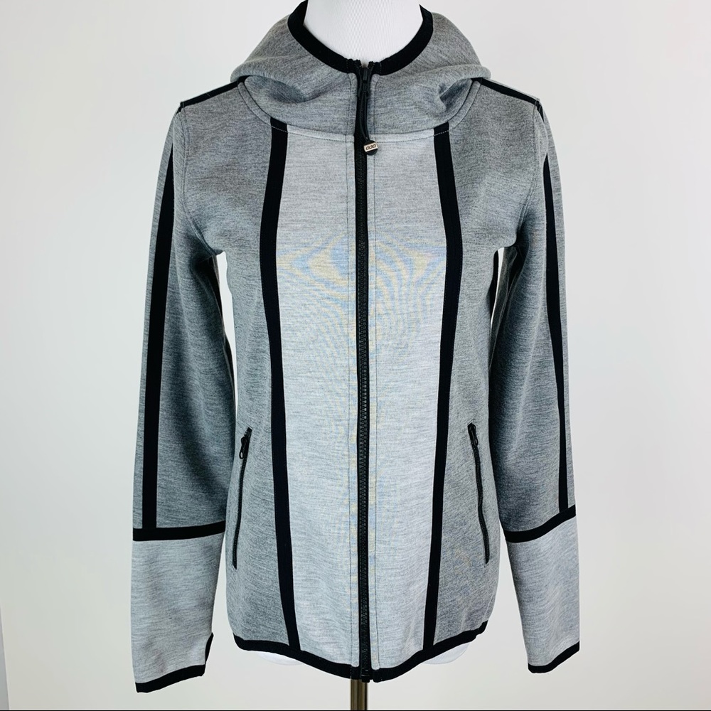Lorna Jane Active Performance Gray Black Striped Hoodie Zip Jacket XS